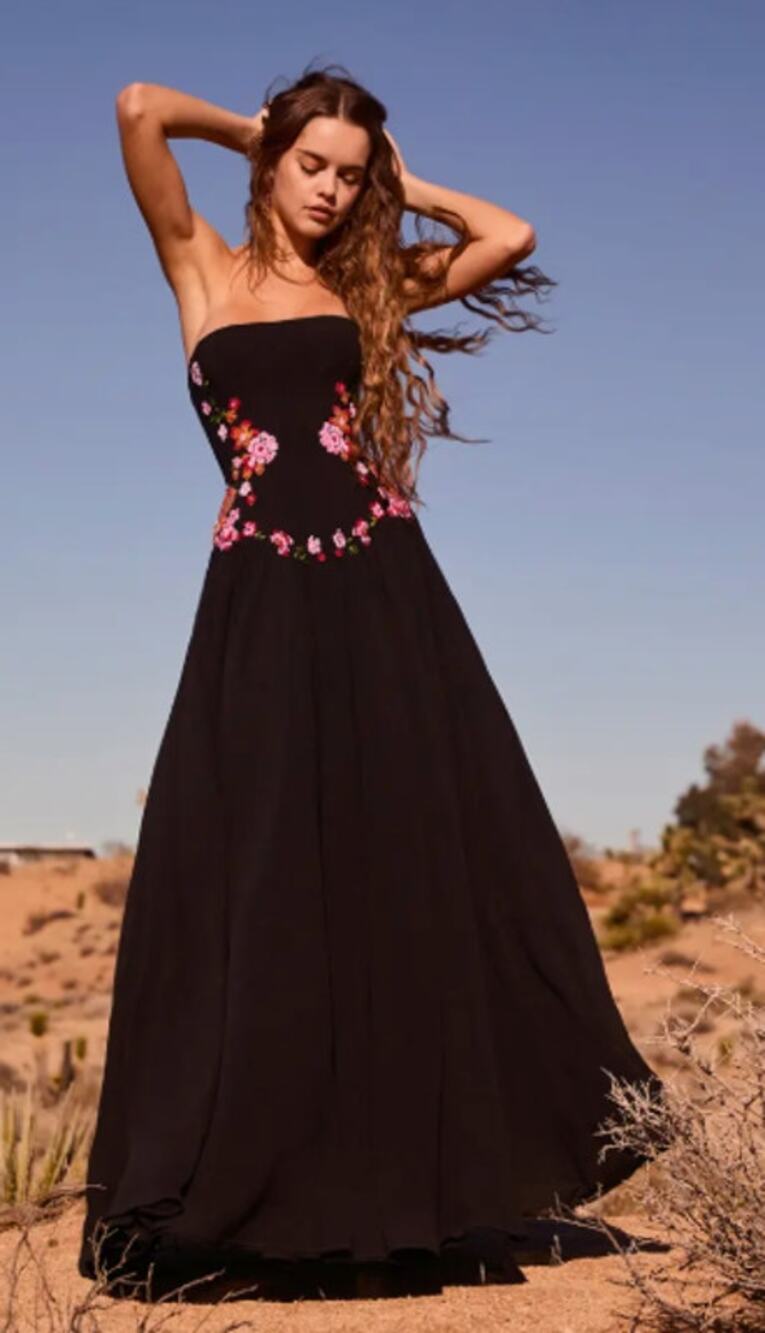Helsi Caroline Black Floral Embroidered Chiffon Strapless Maxi Dress Size M NWT